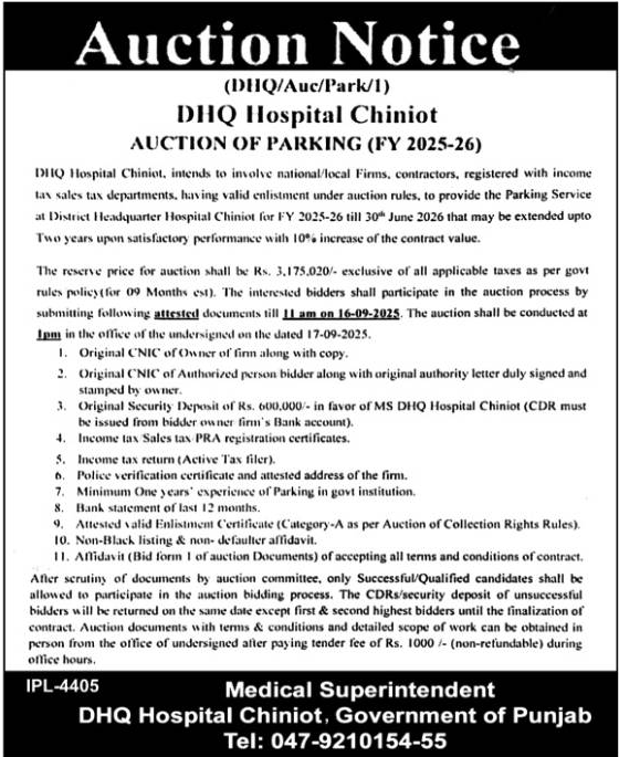 DHQ Hospital Chiniot Tender Notice